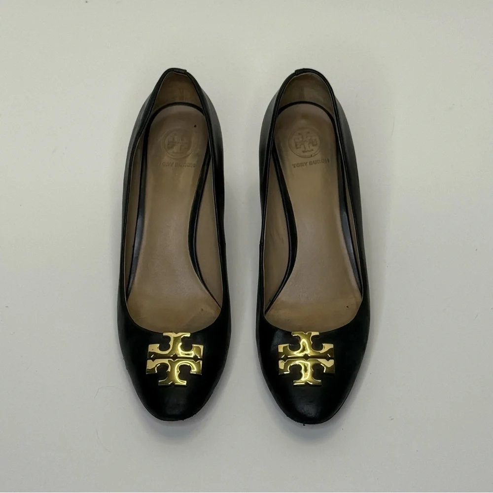 Tory Burch Black and Gold 3 Inch Block Heel with T Signature Logo - Picture 1 of 11